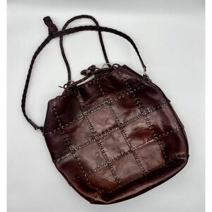 Vintage Ellepi Brown Patchwork Handmade Genuine Leather Drawstring‎ Purse Italy